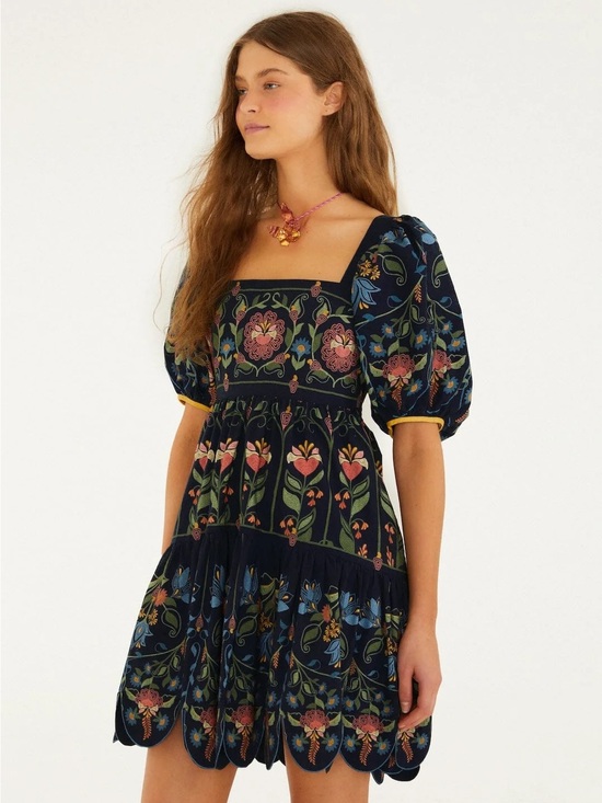 FARM Rio Dresses & Skirts - FARM Rio Black Floral Embroidered Puff Sleeve Dress